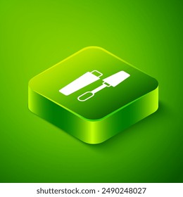 Isometric Mascara brush icon isolated on green background. Green square button. Vector