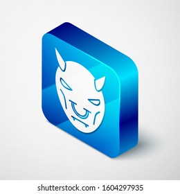 Isometric Mask of the devil with horns icon isolated on white background. Blue square button. Vector Illustration