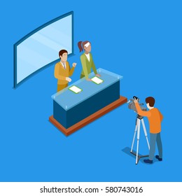 Isometric Mass Media Concept with Live Newsroom. Vector illustration