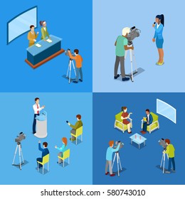 Isometric Mass Media Concept with Reporters and Journalists. Vector illustration