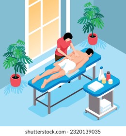 Isometric massage composition with indoor view of massage table and lubricants with massage therapist and patient vector illustration