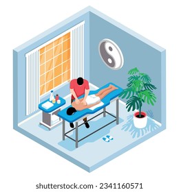 Isometric massage composition with isolated view of massage room and massagist with client lying on table vector illustration