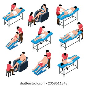 Conjunto de masajes isométricos con composiciones aisladas de masajistas médicos y pacientes sobre mesas y sillas ilustración vectorial