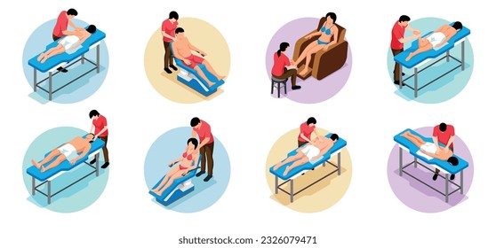 Isometric massage set of round compositions with icons of patient clients and physical specialists giving massage vector illustration