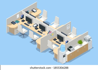 Isometric massive computer table with six desktops and chairs, office interior. Modern cozy loft office interior.