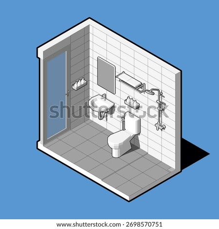 Isometric Master Bathroom Illustration, including soap holder, lavatory, mirror, towel rack, closet, and shower.