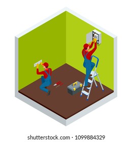 Isometric master electrician at work near the plate with a plurality of wires. Repairs in the house or apartment, wiring electricity. Construction building industry vector illustration.