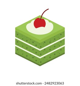 Ilustración vectorial de dibujos animados del postre de la comida dulce de la pastelería de la torta rebanada del matcha isométrica aislada en fondo transparente