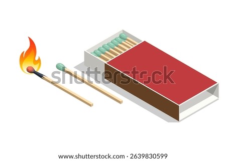 Isometric matches in a box, a match is burning, a match is lying on the table. Box of matches isolated on white background.