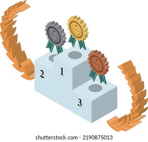 Isometric material for gold, silver and bronze medals and podiums. Ranking and awards concept. Vector material with no main lines and changeable colors.
