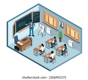 Isometric Math Class Composition With Isolated Classroom View With Teacher Of Mathematics And Pupils At Desks Vector Illustration