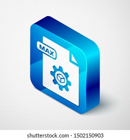 Isometric MAX file document. Download max button icon isolated on white background. MAX file symbol. Blue square button. Vector Illustration