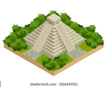 Isometric Mayan pyramid isolated on white. Vector travel banner. The teotihuacan pyramids in Mexico, North America. Ancient stepped pyramids.