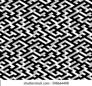 Isometric Maze with black path and textured white and grey edges. Endless labyrinth. Seamless pattern for background, design, print and textile. Vector illustration. 3d effect.