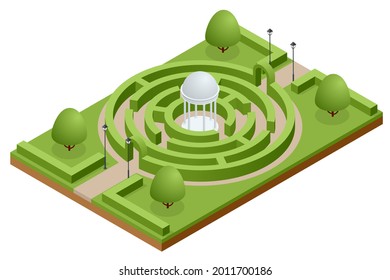 Isometric Maze Of Bushes In Botanical Park. Green Hedge Maze Or Labyrinth.