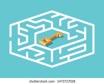 Isometric maze with gold key inside, in centre of it, on turquoise blue. Solution, problem, treasure concept. Flat design. EPS 8 vector illustration, no transparency, no gradients