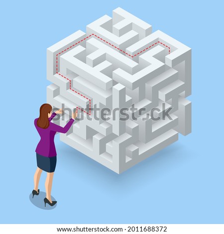 Isometric maze, labyrinth solution. Business team looking for solution in a maze. Challenge. Puzzle riddle logic game isometric concept. The path to the goal or success, teamwork and business strategy