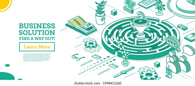 Isometric Maze. Outline Labyrinth. Business Solution. Vector Illustration. Cup inside of Center of Maze. Search Way Out. Problem Solving.