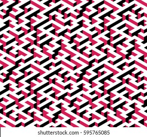 Isometric Maze with white, black and red edges. Endless labyrinth. Seamless pattern for background, design, print and textile. Vector illustration.