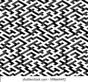 Isometric Maze with white path and textured black and grey edges. Endless labyrinth. Seamless pattern for background, design, print and textile. Vector illustration. 3d effect.
