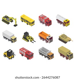 Isometric means of transport illustrated on white background
