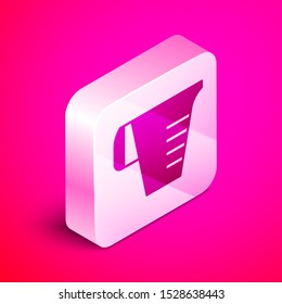 Isometric Measuring cup to measure dry and liquid food icon isolated on pink background. Plastic graduated beaker with handle. Silver square button. Vector Illustration