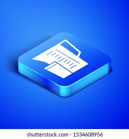 Isometric Measuring cup to measure dry and liquid food icon isolated on blue background. Plastic graduated beaker with handle. Blue square button. Vector Illustration