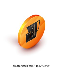 Isometric Measuring cup to measure dry and liquid food icon isolated on white background. Plastic graduated beaker with handle. Orange circle button. Vector Illustration