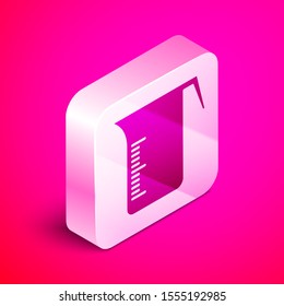 Isometric Measuring cup to measure dry and liquid food icon isolated on pink background. Plastic graduated beaker with handle. Silver square button. Vector Illustration