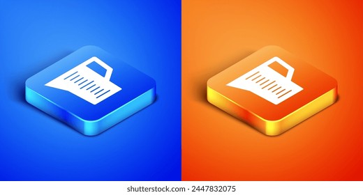 Isometric Measuring cup to measure dry and liquid food icon isolated on blue and orange background. Plastic graduated beaker with handle. Square button. Vector