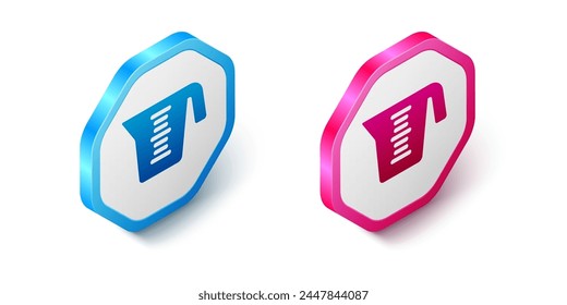 Isometric Measuring cup to measure dry and liquid food icon isolated on white background. Plastic graduated beaker with handle. Hexagon button. Vector