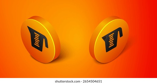 Taza de medición isométrica para medir el icono de comida seca y líquida aislado sobre fondo naranja. Vaso graduado de plástico con mango. Botón de círculo anaranjado. Vector