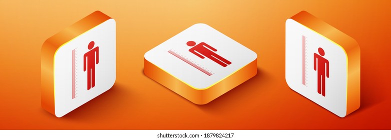 Isometric Measuring height body icon isolated on orange background. Orange square button. Vector.