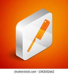 Isometric Meat chopper icon isolated on orange background. Kitchen knife for meat. Butcher knife. Silver square button. Vector Illustration