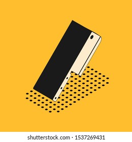 Isometric Meat chopper icon isolated on yellow background. Kitchen knife for meat. Butcher knife.  Vector Illustration