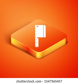 Isometric Meat chopper icon isolated on orange background. Kitchen knife for meat. Butcher knife.  Vector Illustration