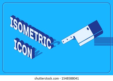 Isometric Meat chopper icon isolated on blue background. Kitchen knife for meat. Butcher knife.  Vector Illustration