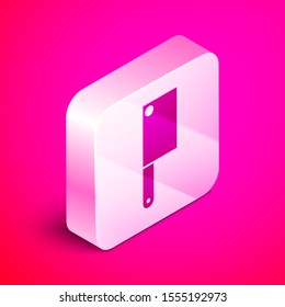 Isometric Meat chopper icon isolated on pink background. Kitchen knife for meat. Butcher knife. Silver square button. Vector Illustration