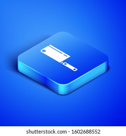 Isometric Meat chopper icon isolated on blue background. Kitchen knife for meat. Butcher knife. Blue square button. Vector Illustration