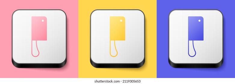 Icono de helicóptero de carne isométrico aislado en fondo rosa, amarillo y azul. Cuchillo de cocina para carne. Cuchillo de carnicero. Botón cuadrado. Vector