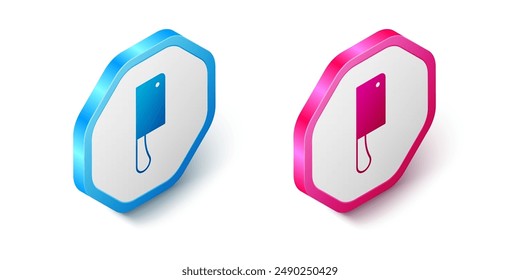 Icono isométrico de picador de carne aislado sobre fondo blanco. Cuchillo de cocina para carne. Cuchillo carnicero. Botón hexagonal. Vector