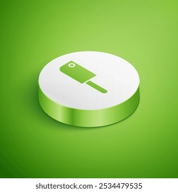 Icono isométrico del picador de carne aislado en fondo verde. Cuchillo de cocina para carne. Cuchillo de carnicero. Botón de círculo blanco. Ilustración vectorial