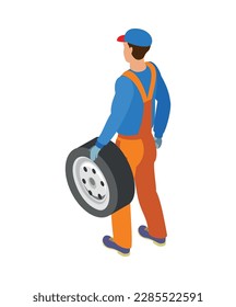 Isometric mechanic character in uniform holding tyred wheel back view vector illustration