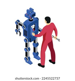 Isometric mechanic fixing robot 3d vector illustration