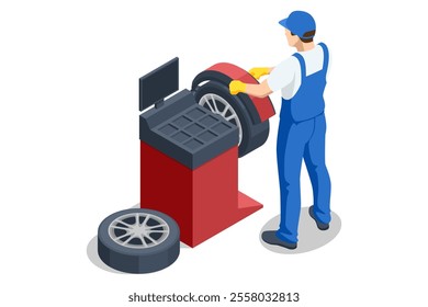 Isometric, Mechanic at a garage workshop. Wheel and tire installation services. Transportation solutions, tire maintenance, and computerized balancing equipment.