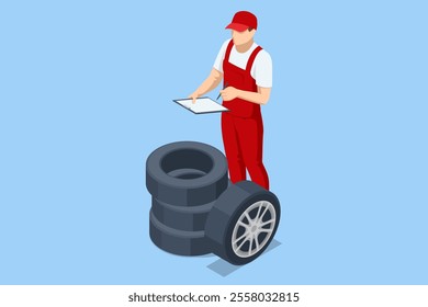 Isometric, Mechanic at a garage workshop. Wheel and tire installation services. Transportation solutions, tire maintenance, and computerized balancing equipment.