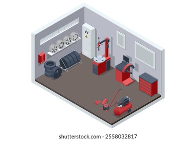 Isometric, Mechanic at a garage workshop. Wheel and tire installation services. Transportation solutions, tire maintenance, and computerized balancing equipment.