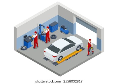 Isometric, Mechanic at a garage workshop. Wheel and tire installation services. Transportation solutions, tire maintenance, and computerized balancing equipment.