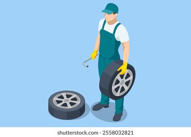 Isometric, Mechanic at a garage workshop. Wheel and tire installation services. Transportation solutions, tire maintenance, and computerized balancing equipment.