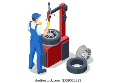 Isometric, Mechanic at a garage workshop. Wheel and tire installation services. Transportation solutions, tire maintenance, and computerized balancing equipment.